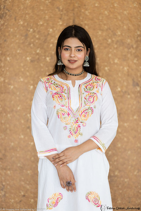 AYA PURE COTTON CHIKANKARI SHORT LENGTH KURTA