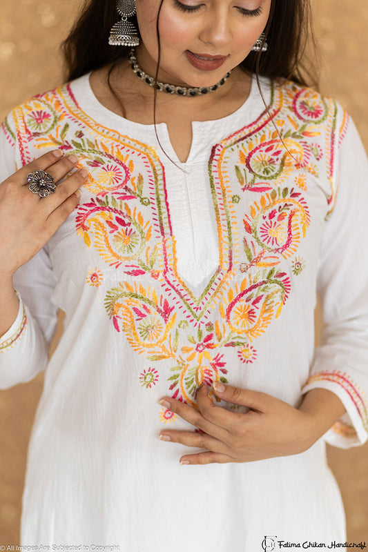 AYA PURE COTTON CHIKANKARI SHORT LENGTH KURTA