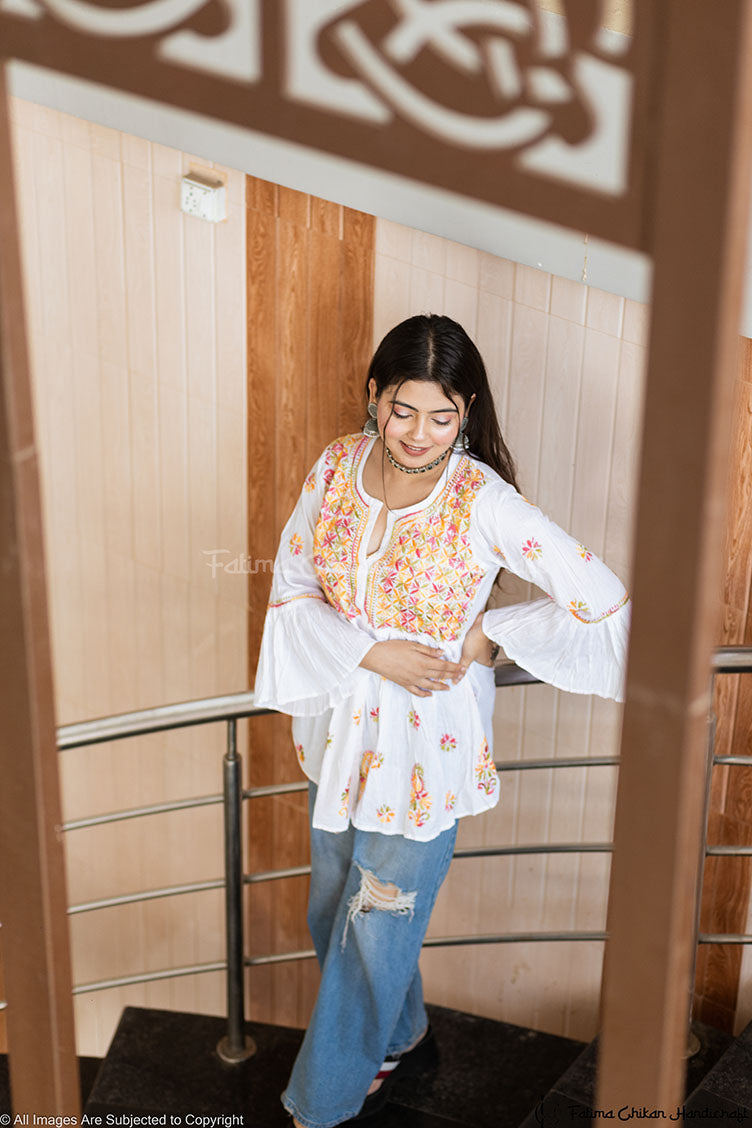 ASMA WHITE MULTI CHIKANKARI COTTON SHORT FROCK