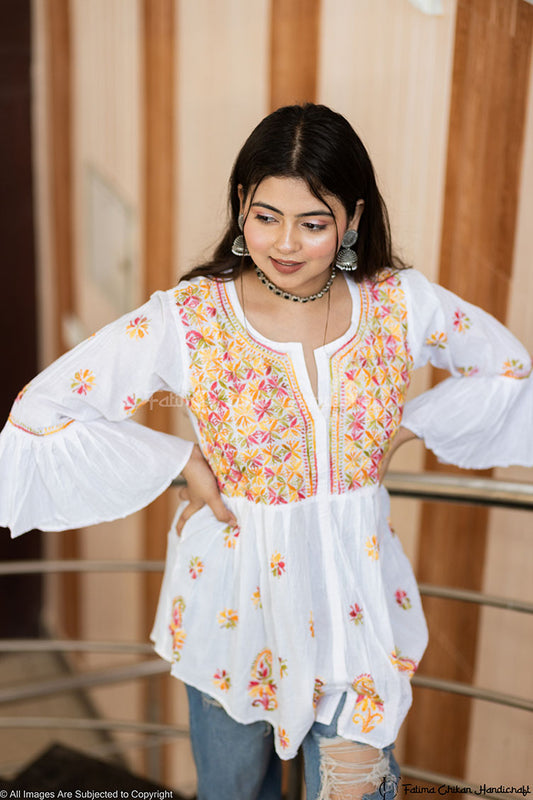 ASMA WHITE MULTI CHIKANKARI COTTON SHORT FROCK