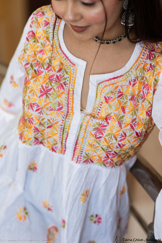 ASMA WHITE MULTI CHIKANKARI COTTON SHORT FROCK