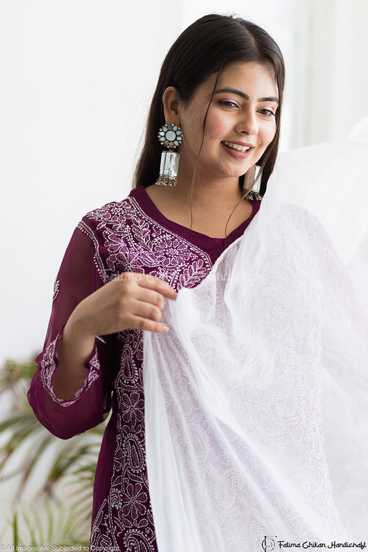WHITE CHIFFON CHIKANKARI DUPATTA LUCKNAWI CHIKAN