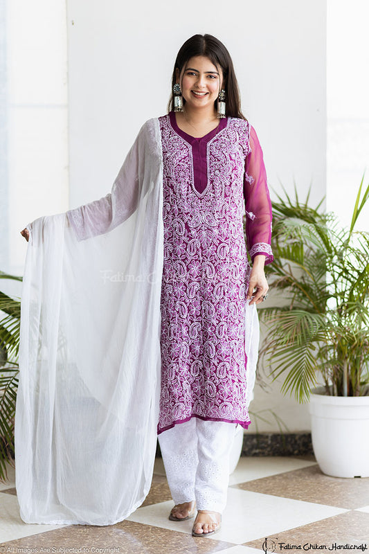 WHITE CHIFFON CHIKANKARI DUPATTA LUCKNAWI CHIKAN