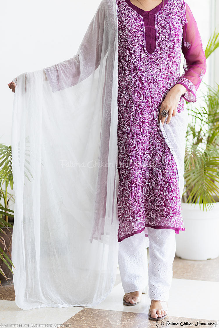 WHITE CHIFFON CHIKANKARI DUPATTA LUCKNAWI CHIKAN