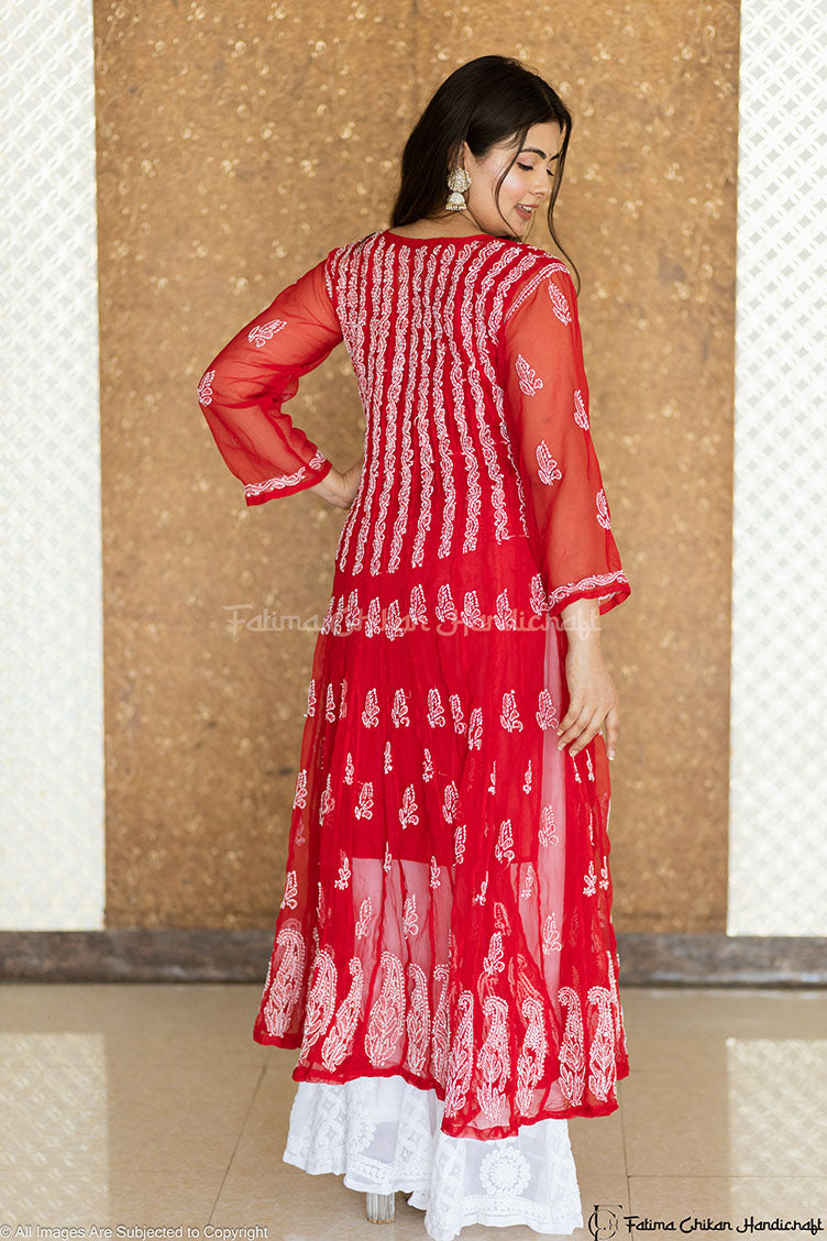 Aadila Red 56 Kali Georgette Chikankari Anarkali