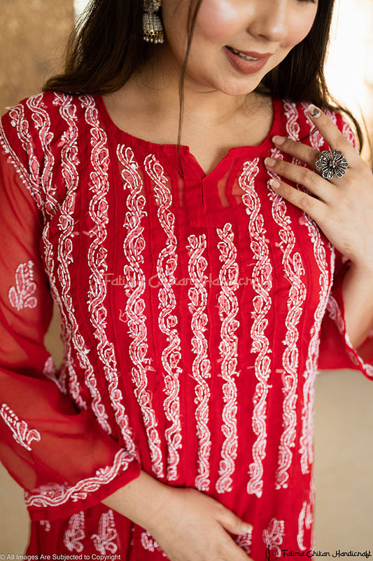 Aadila Red 56 Kali Georgette Chikankari Anarkali