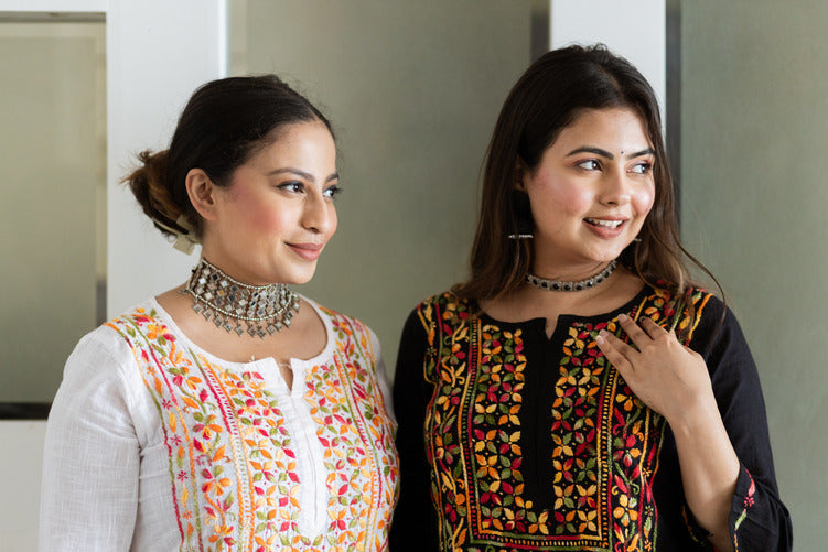 YUSRA WHITE MULTI CHIKANKARI KHADI COTTON STRAIGHT KURTI