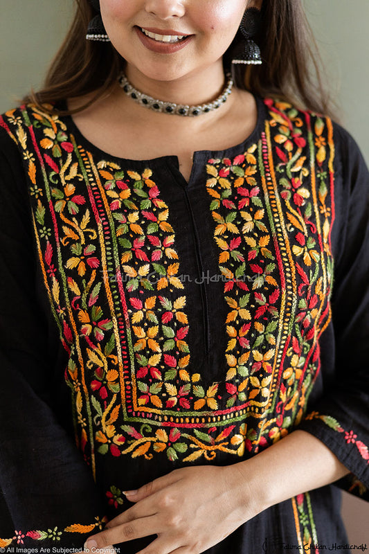 YUSRA BLACK MULTI CHIKANKARI KHADI COTTON STRAIGHT KURTI