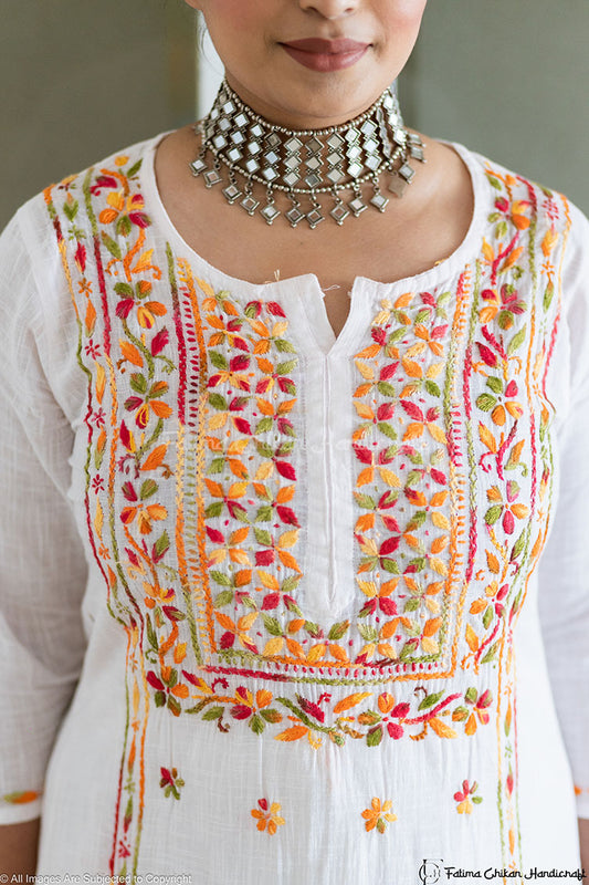 YUSRA WHITE MULTI CHIKANKARI KHADI COTTON STRAIGHT KURTI