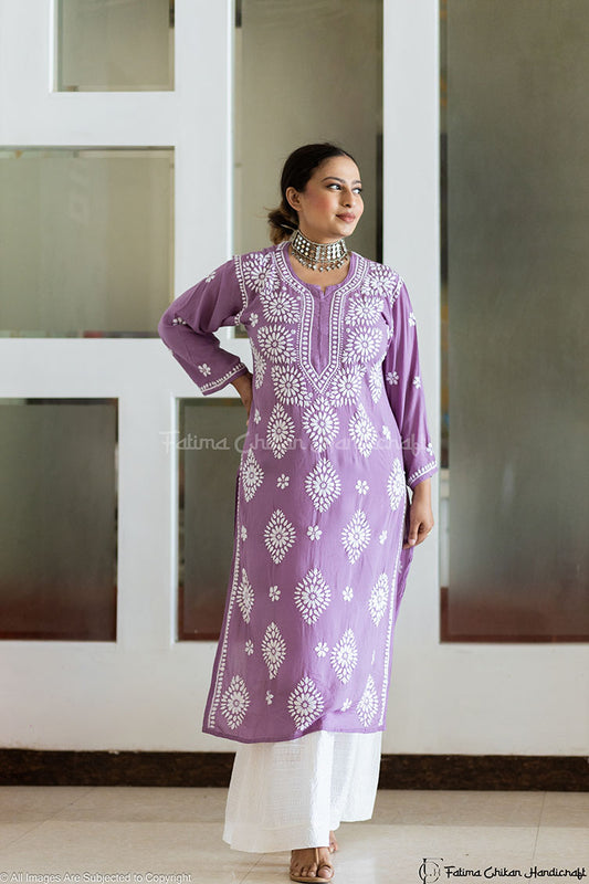 LAVENDER AYAAT MODAL COTTON STRAIGHT CHIKANKARI KURTI