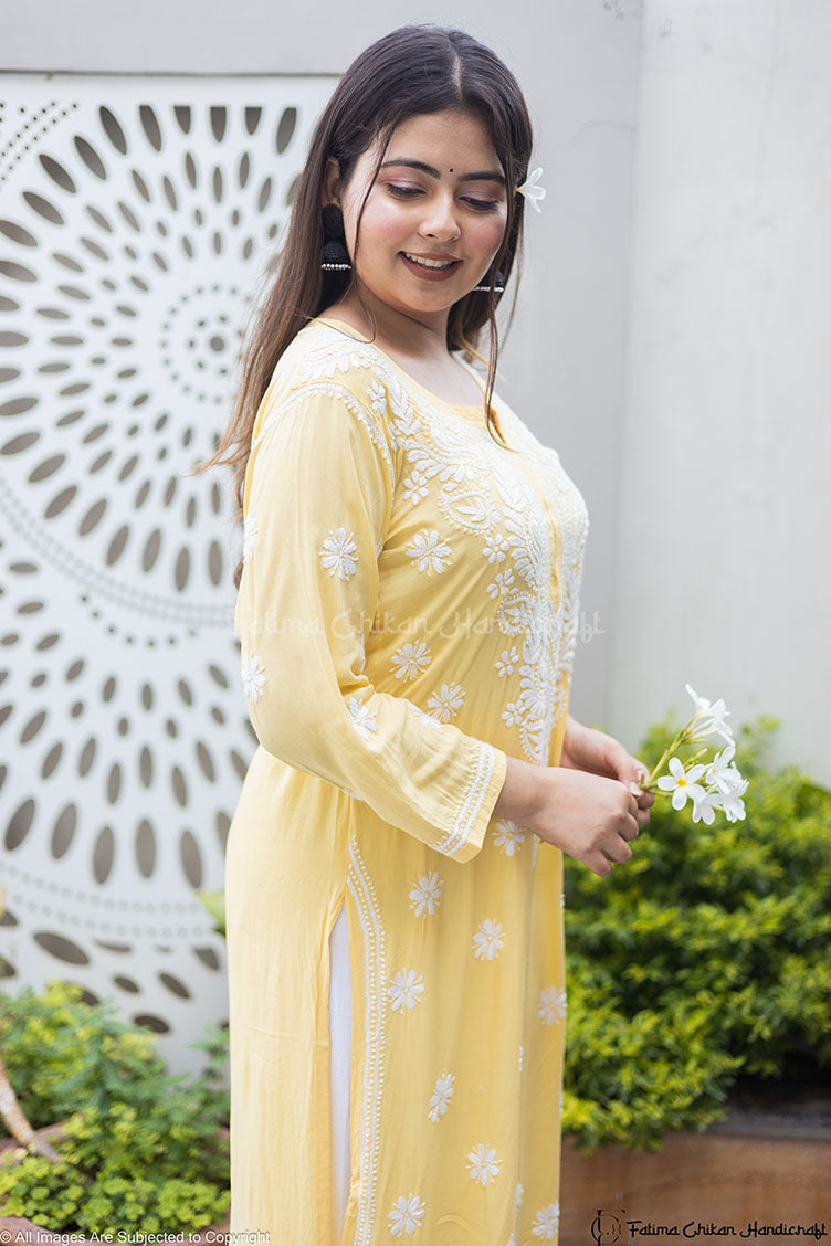YELLOW MARIA MODAL STRAIGHT CHIKANKARI KURTI