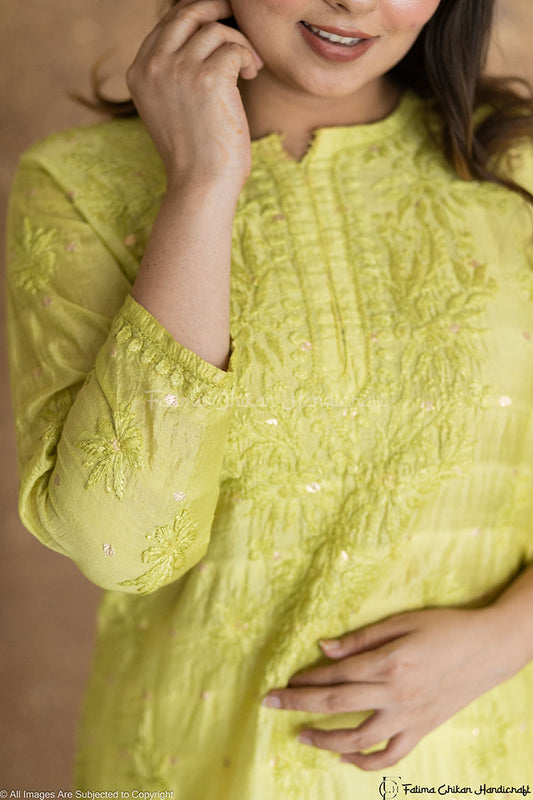 GAZAL GREEN CHANDERI COTTON STRAIGHT CHIKANKARI KURTI