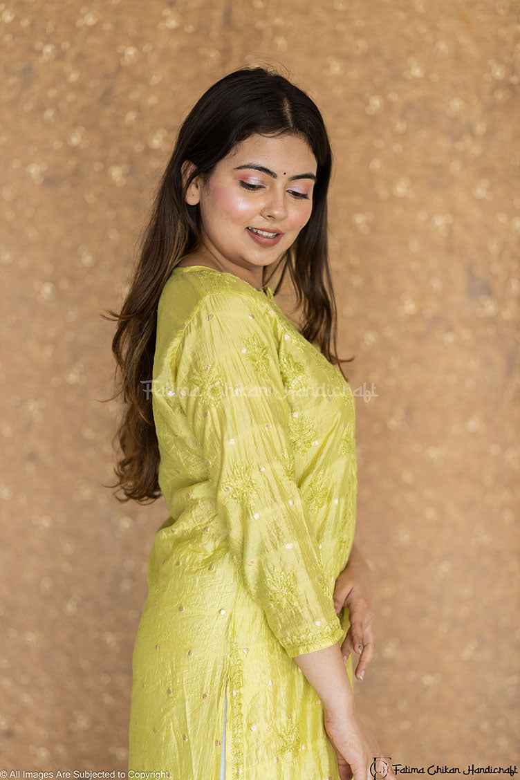 GAZAL GREEN CHANDERI COTTON STRAIGHT CHIKANKARI KURTI