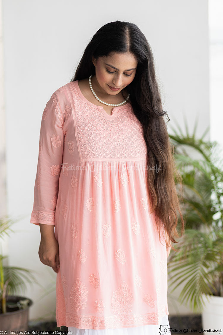 PEACH IQRA VISCOSE CHIKANKARI PEPLUM TOP