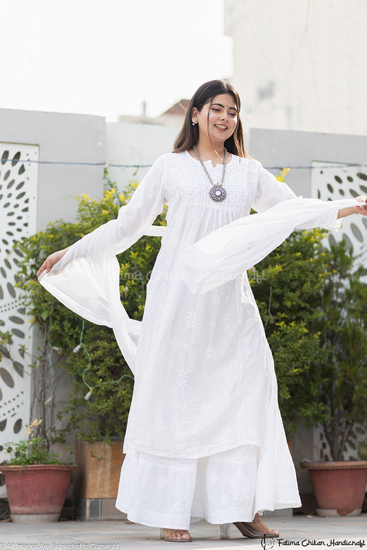 WHITE DUHA CHANDERI NYRA CHIKANKARI KURTA