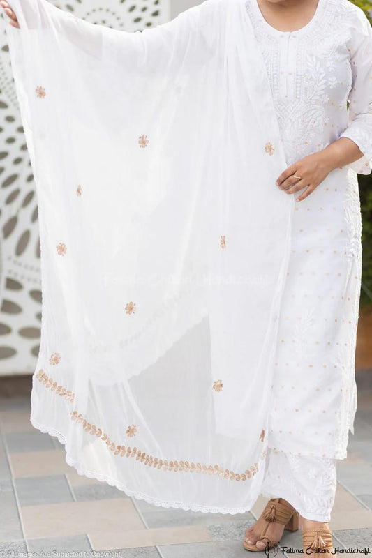 WHITE GEORGETTE GOTA PATTI CHIKANKARI DUPATTA LUCKNAWI CHIKAN