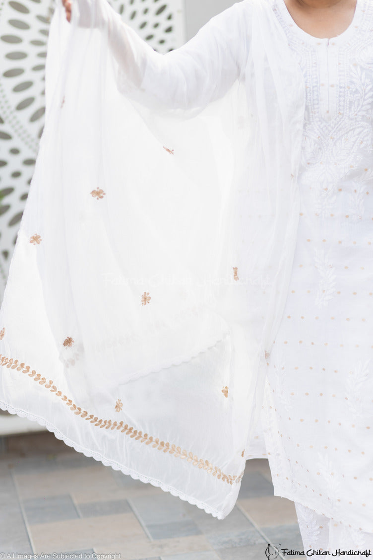 WHITE GEORGETTE GOTA PATTI CHIKANKARI DUPATTA LUCKNAWI CHIKAN