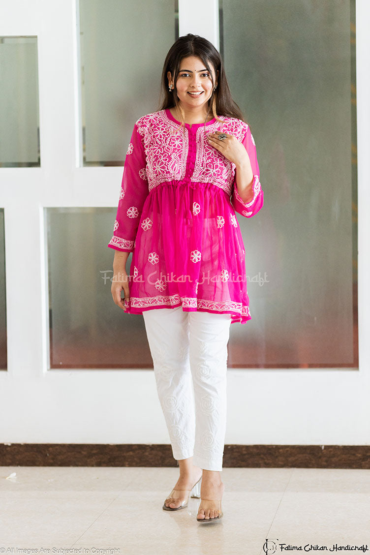 FALAK DARK PINK GEORGETTE CHIKANKARI SHORT FROCK
