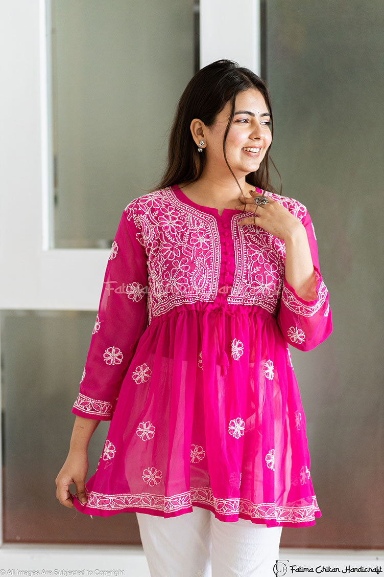 FALAK DARK PINK GEORGETTE CHIKANKARI SHORT FROCK