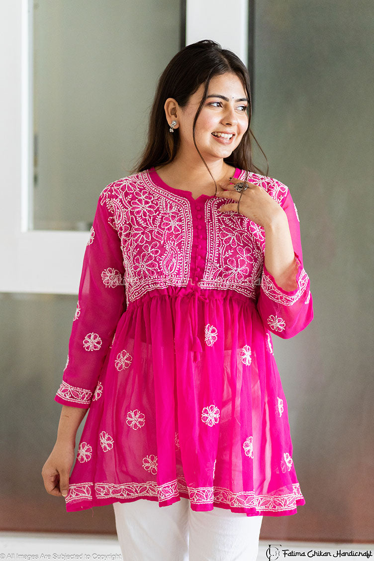 FALAK DARK PINK GEORGETTE CHIKANKARI SHORT FROCK