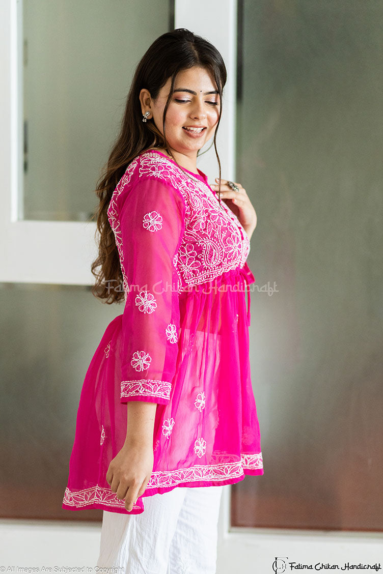 FALAK DARK PINK GEORGETTE CHIKANKARI SHORT FROCK