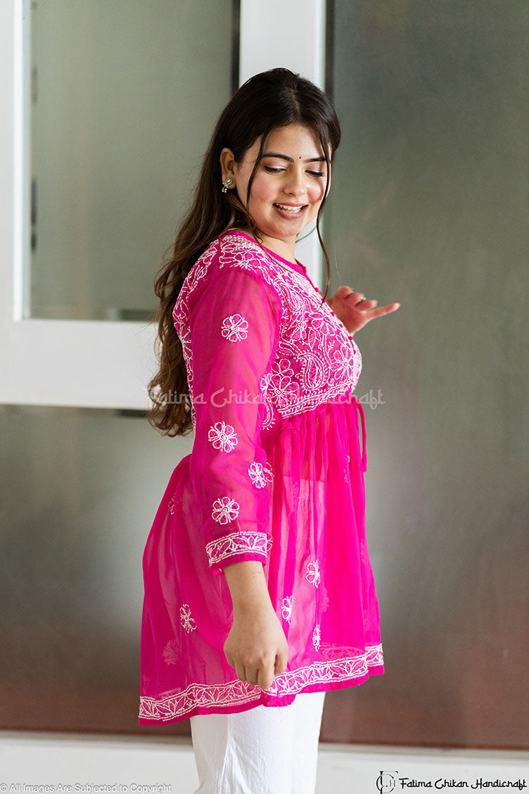 FALAK DARK PINK GEORGETTE CHIKANKARI SHORT FROCK