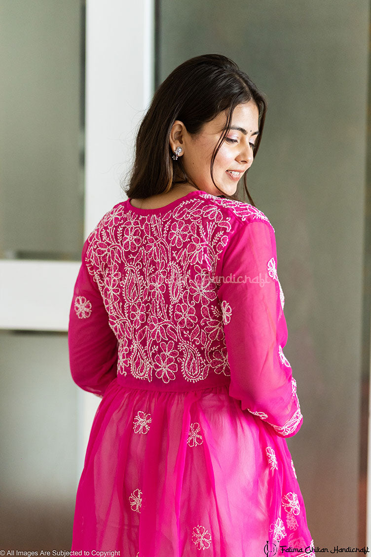 FALAK DARK PINK GEORGETTE CHIKANKARI SHORT FROCK