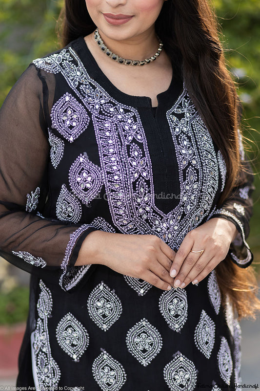 BLACK HAFSA GEORGETTE STRAIGHT CHIKANKARI KURTI