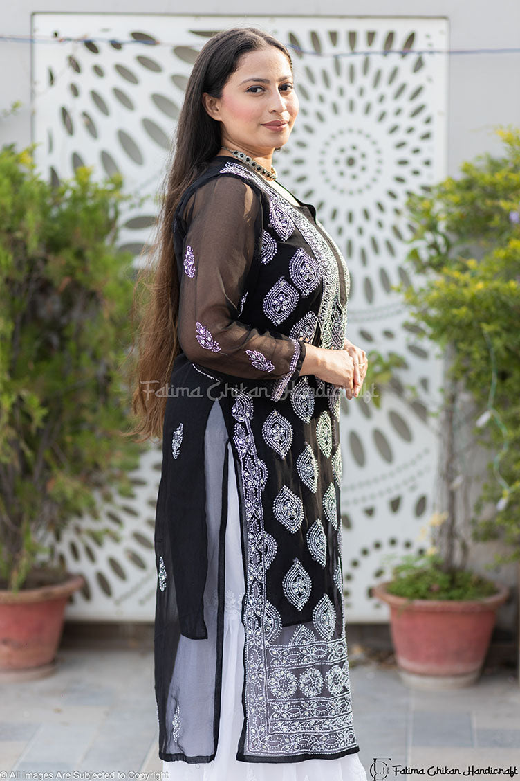 BLACK HAFSA GEORGETTE STRAIGHT CHIKANKARI KURTI