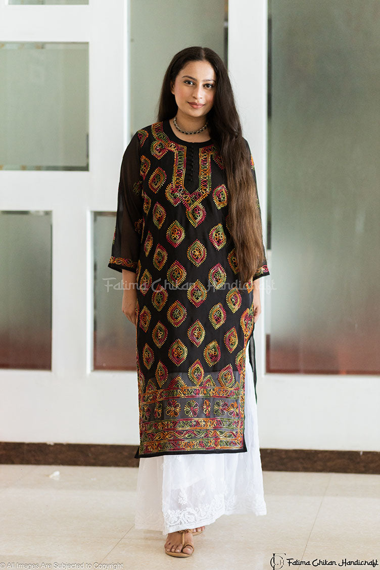 BLACK MULTI HAFSA GEORGETTE STRAIGHT CHIKANKARI KURTI