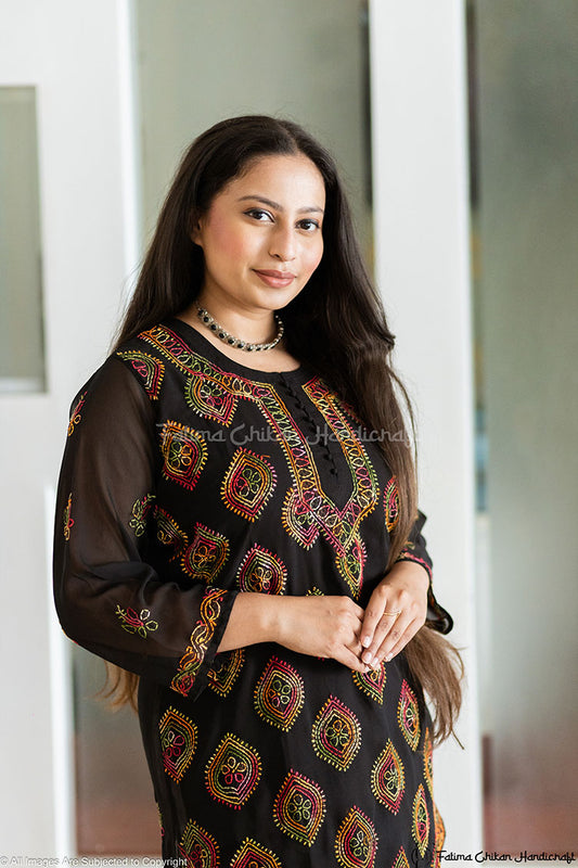 BLACK MULTI HAFSA GEORGETTE STRAIGHT CHIKANKARI KURTI