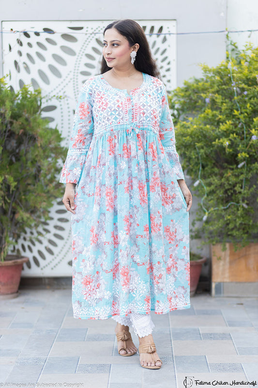 ZAREEN LIGHT BLUE MULMUL PRINTED CHIKANKARI GOWN