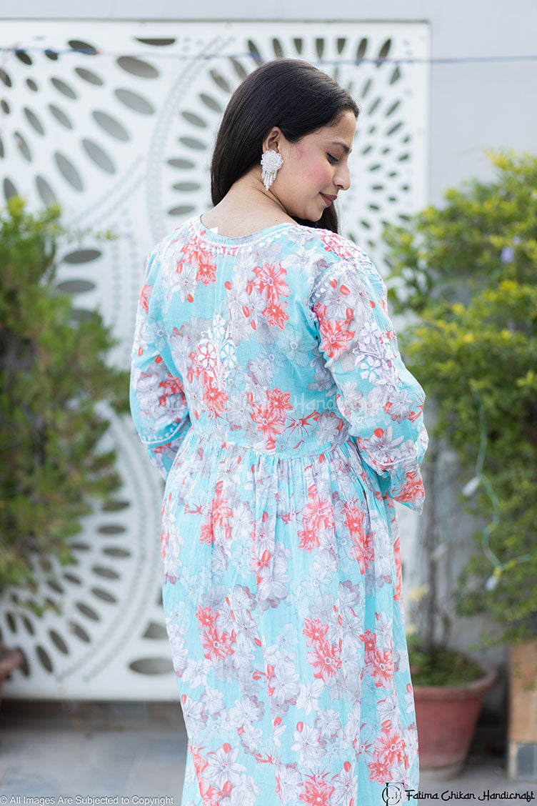 ZAREEN LIGHT BLUE MULMUL PRINTED CHIKANKARI GOWN