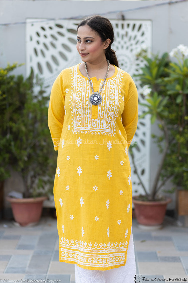 YELLOW YALINA KHADI CHIKANKARI STRAIGHT KURTA