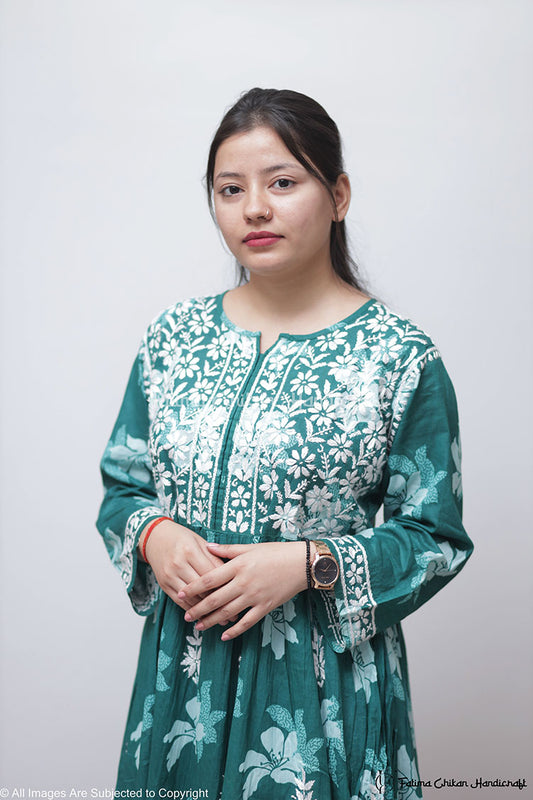 ARZOO TEAL FLORAL MULMUL CHIKANKARI GOWN