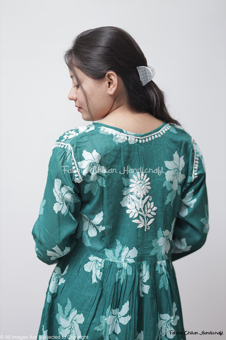 ARZOO TEAL FLORAL MULMUL CHIKANKARI GOWN