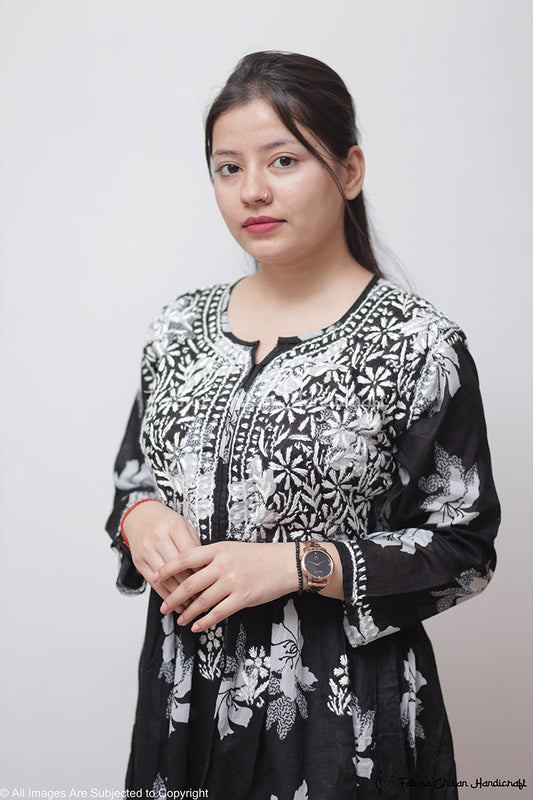ARZOO BLACK FLORAL MULMUL CHIKANKARI GOWN