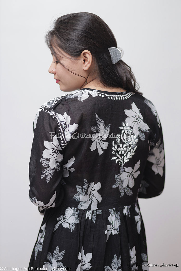 ARZOO BLACK FLORAL MULMUL CHIKANKARI GOWN