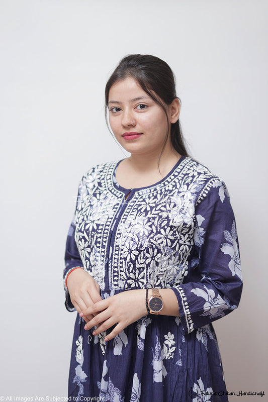 ARZOO NAVY BLUE FLORAL MULMUL CHIKANKARI GOWN