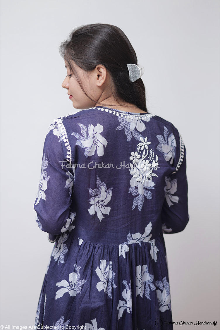 ARZOO NAVY BLUE FLORAL MULMUL CHIKANKARI GOWN