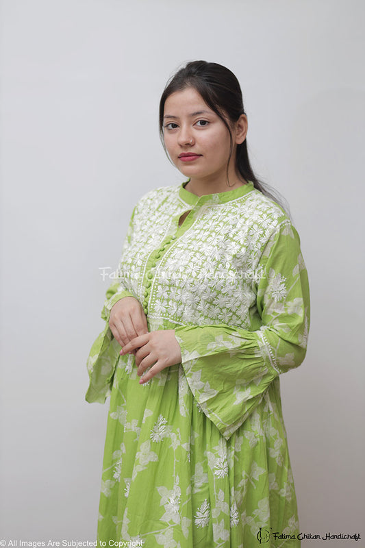 ZAREEN GREEN MULMUL PRINTED CHIKANKARI GOWN