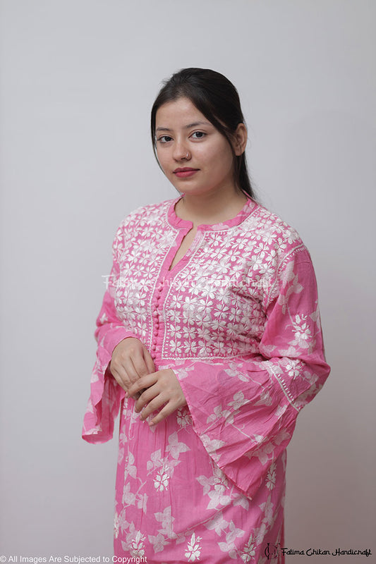 ZAREEN PINK MULMUL PRINTED CHIKANKARI GOWN