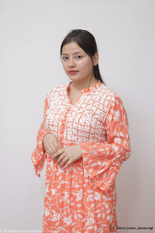 ZAREEN ORANGE MULMUL PRINTED CHIKANKARI GOWN