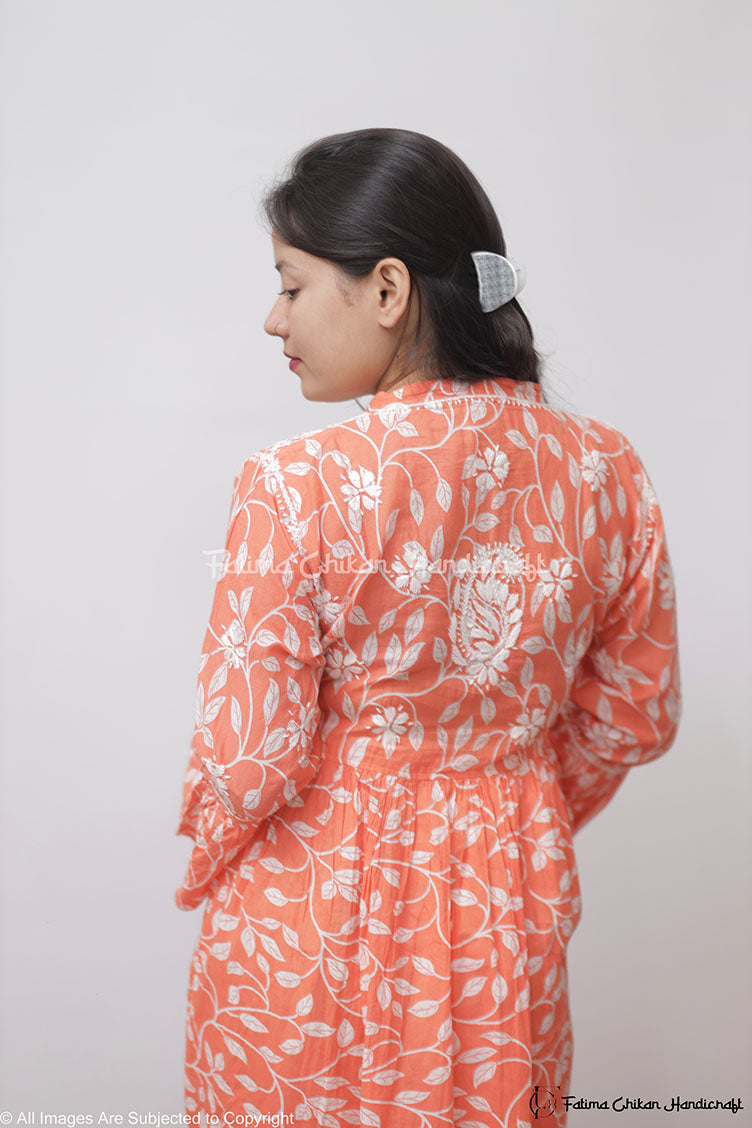 ZAREEN ORANGE MULMUL PRINTED CHIKANKARI GOWN