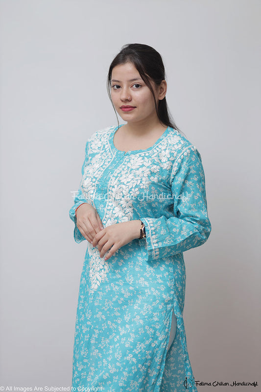 SKY BLUE IBADAT MULMUL COTTON STRAIGHT CHIKANKARI KURTI