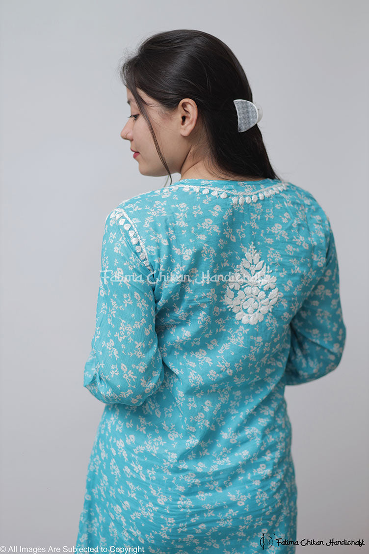 SKY BLUE IBADAT MULMUL COTTON STRAIGHT CHIKANKARI KURTI