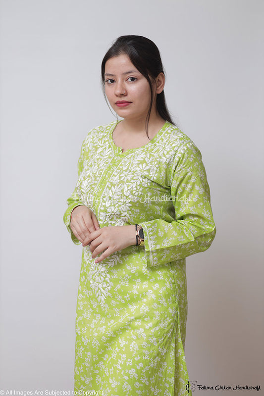 GREEN IBADAT MULMUL COTTON STRAIGHT CHIKANKARI KURTI