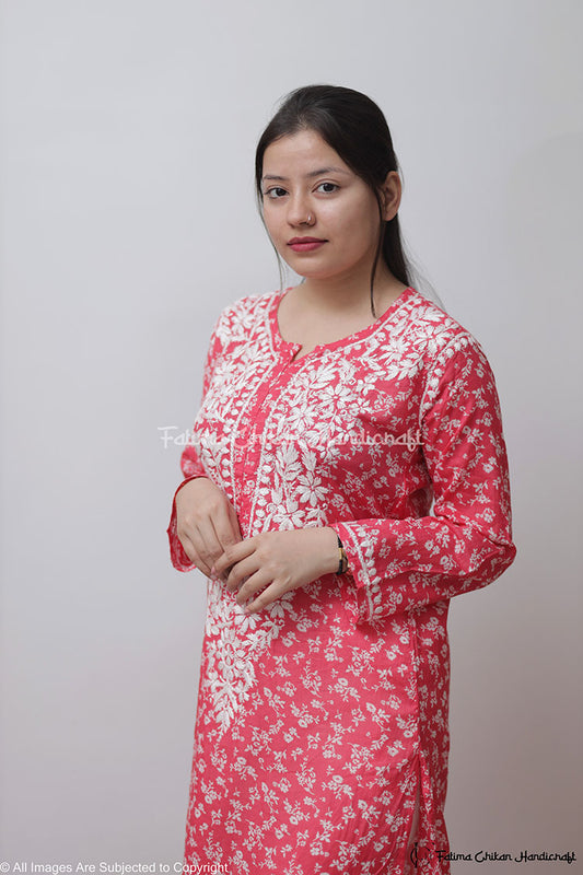 RED IBADAT MULMUL COTTON STRAIGHT CHIKANKARI KURTI