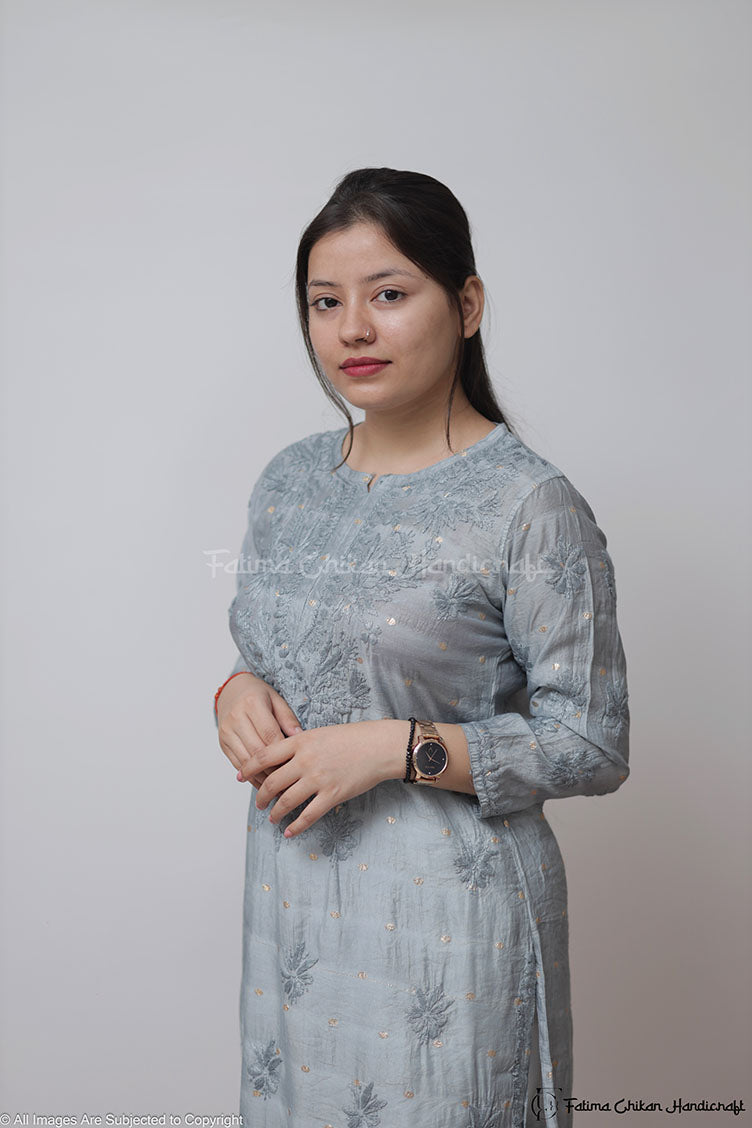 GAZAL GREY CHANDERI COTTON STRAIGHT CHIKANKARI KURTI