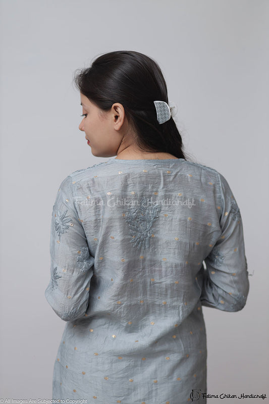 GAZAL GREY CHANDERI COTTON STRAIGHT CHIKANKARI KURTI